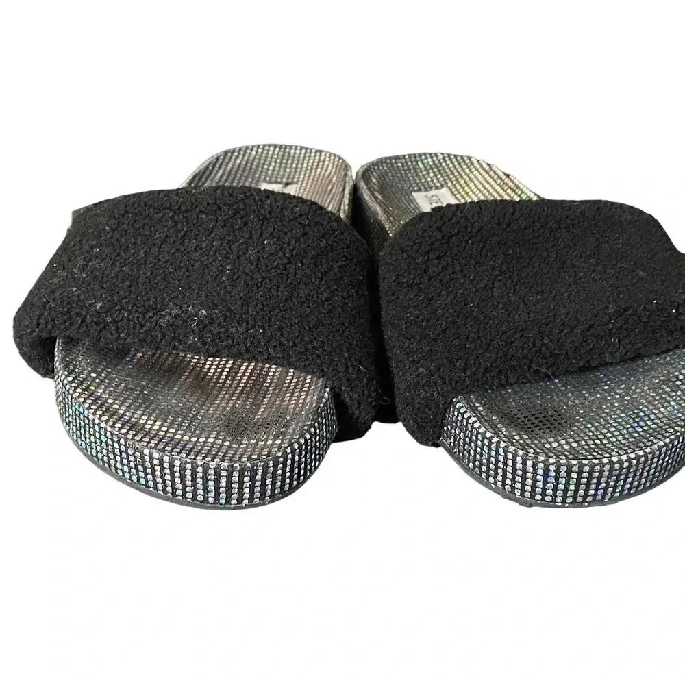 Steve Madden Womens Slides Black Faux Fur Size 5 Casual Summer Open Toe Sandals